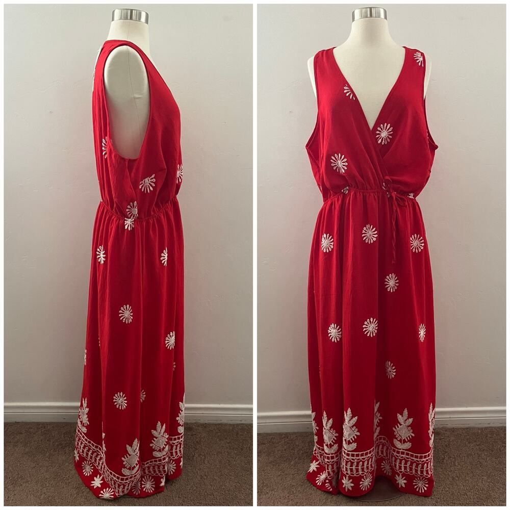 Anthropologie Kindred Embroidered Maxi Dress 2X Red Sleeveless Resortwear NEW